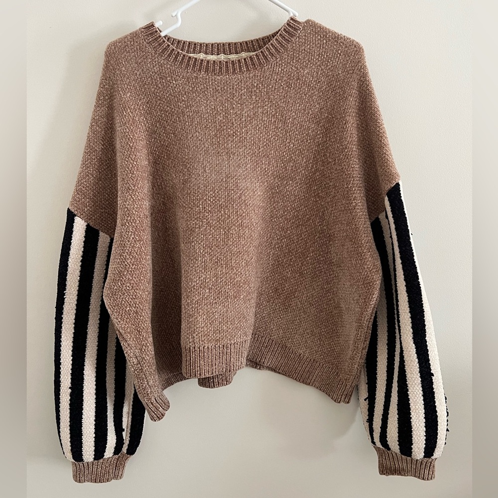 Tan Sweater with Striped Sleves